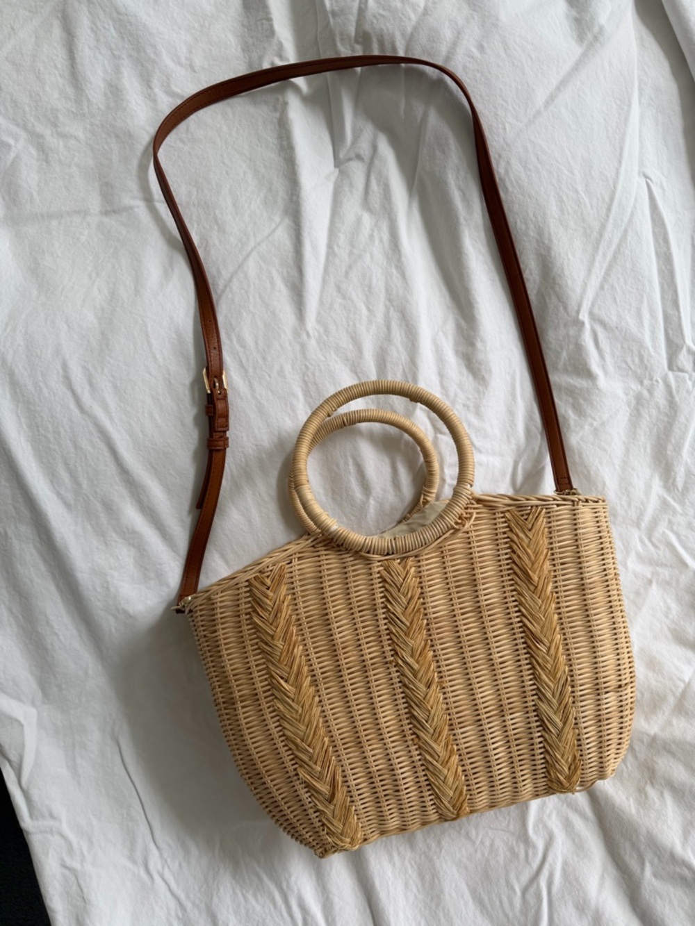 Woven Straw Tote Bag with Brown Leather Strap - Natural